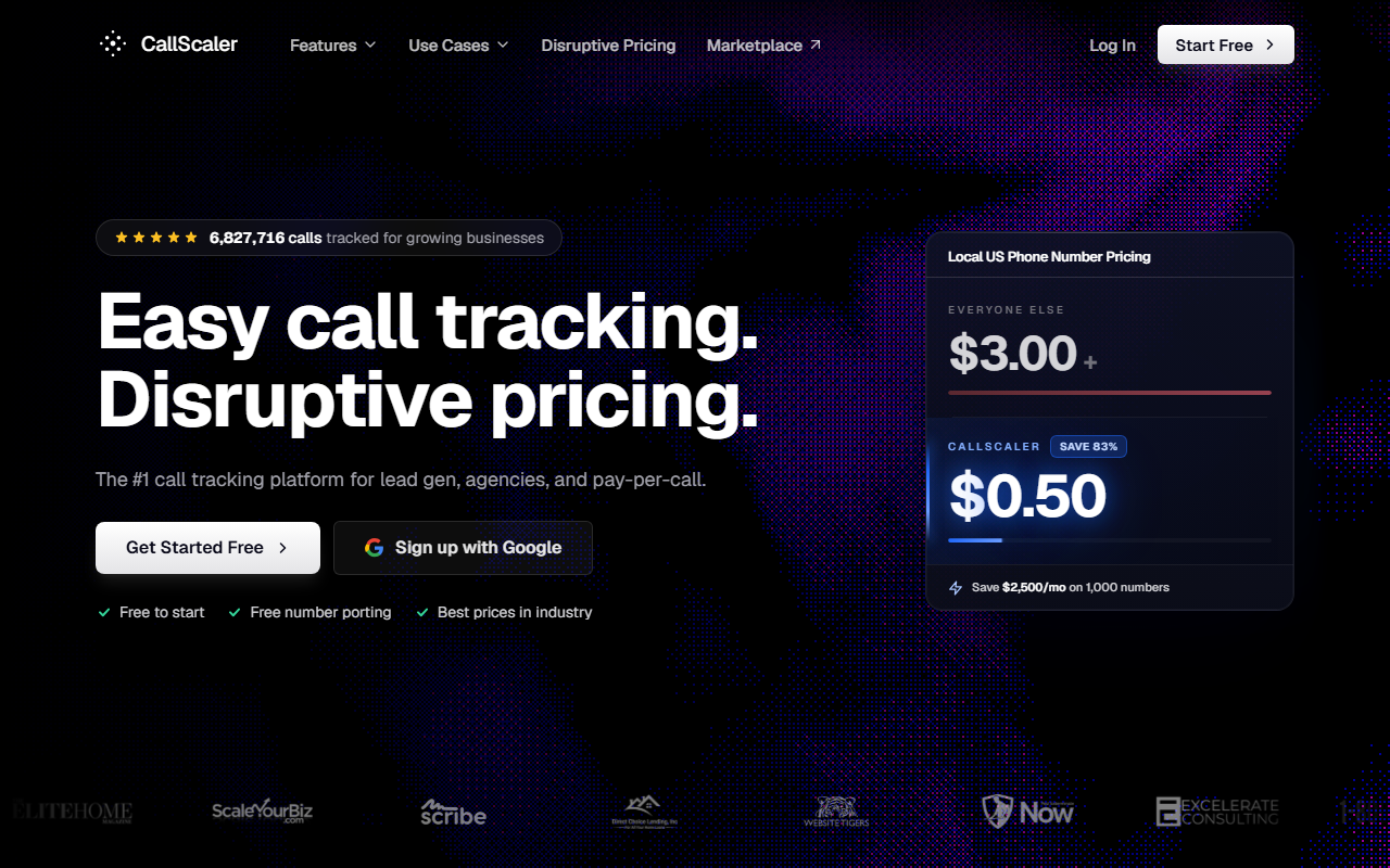 The CallScaler homepage, the top CallRail alternative in this comparison